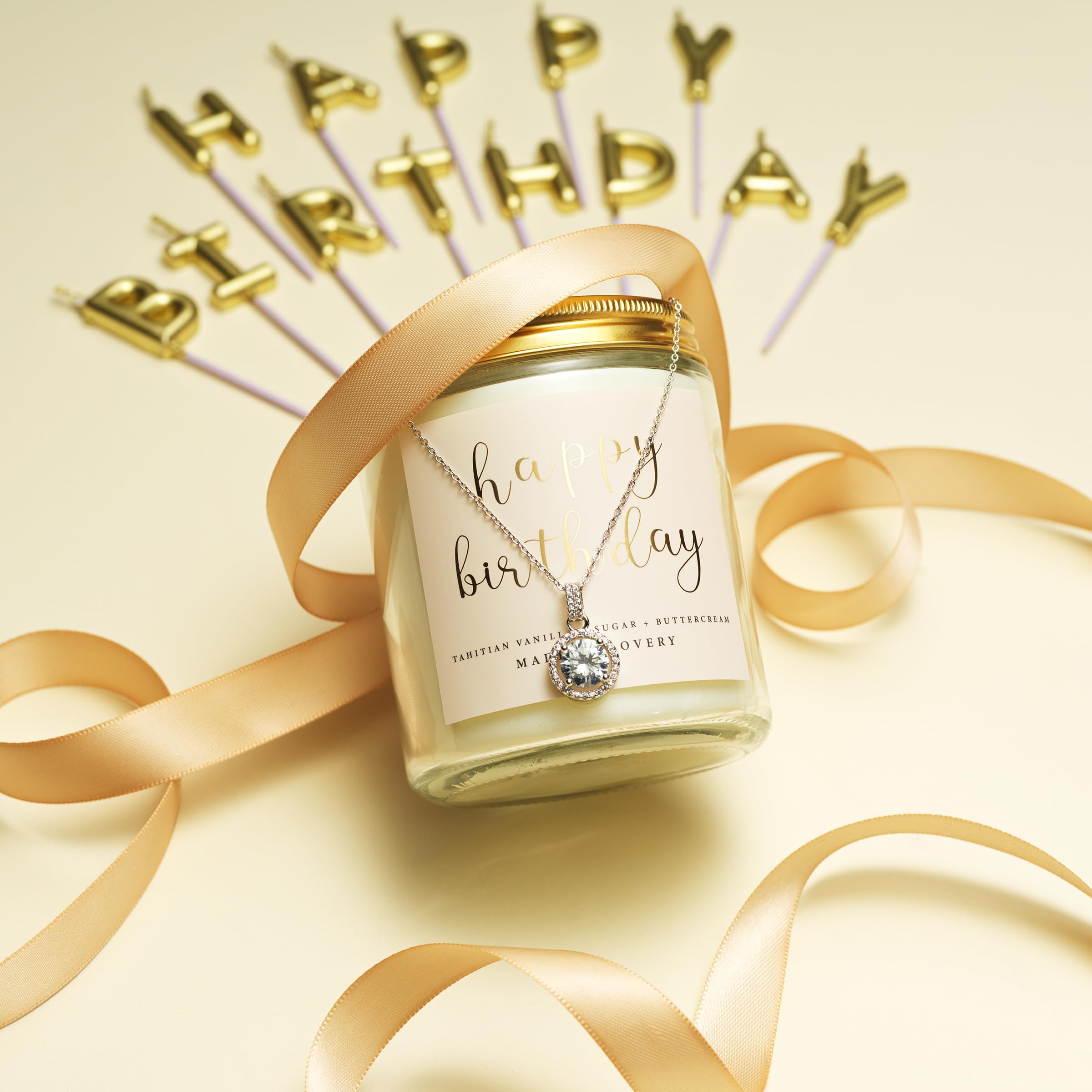 Birthday Gifts for Women, Mom Birthday Gifts, Luxury Soy Candle with Sterling Silver CZ Halo Necklace & Jewelry Pouch - Happy Birthday Candles, Vanilla Birthday Cake Scent, Unique Birthday Gifts Set