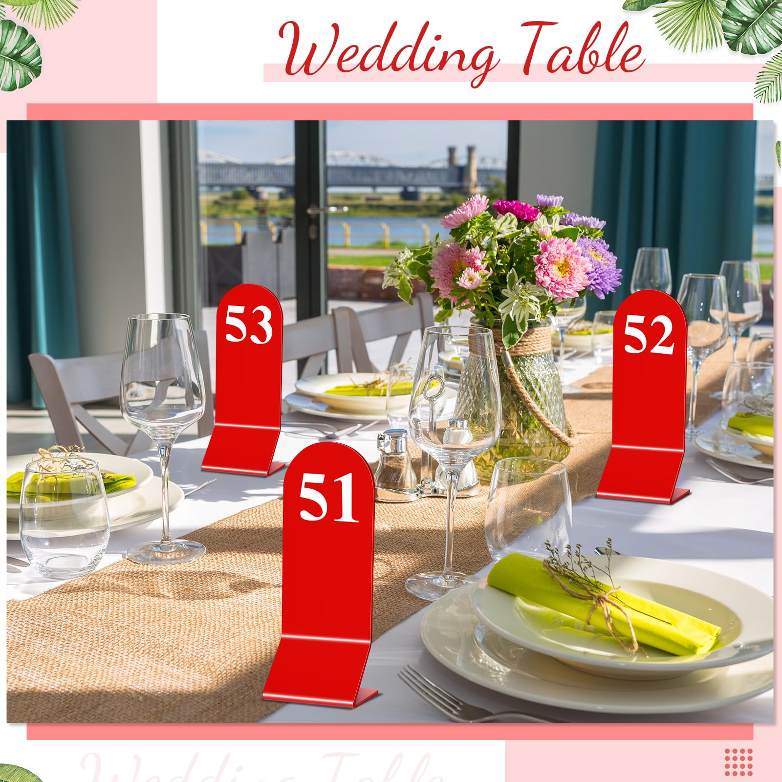 Geetery 100 Pcs Acrylic Table Numbers 1-100 Double Sided Table Number Cards Wedding Table Number Stands Restaurant Table Tent Table Number Signs for Party Banquets Supplies, 2.36 x 6.3 Inch (Red)