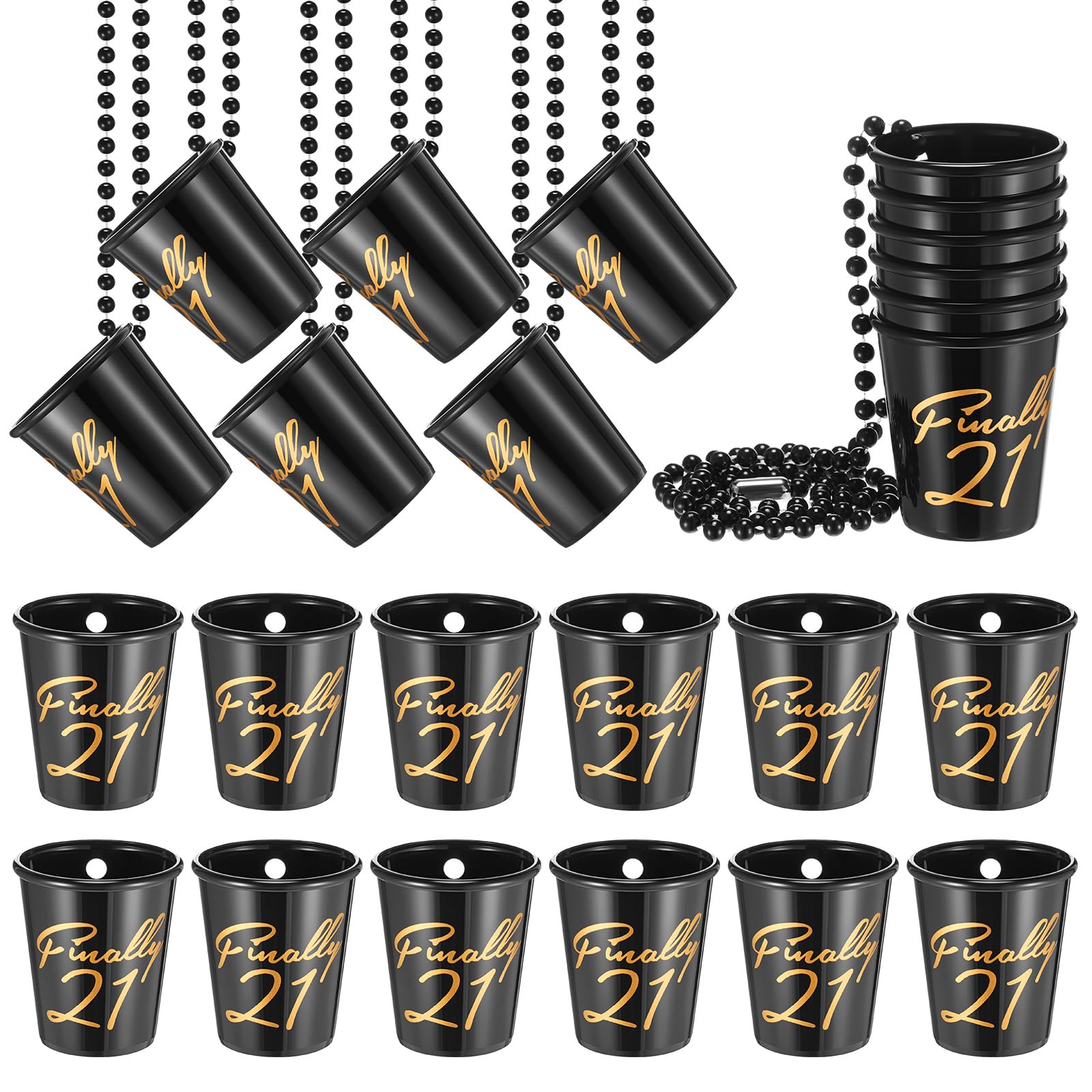 Bokon 24 Pcs 21st Birthday Shot Glass Finally 21 Birthday Shot Necklaces Cups Plastic 21st Shot Glass on Beaded Necklaces for Adults Birthday Party Supplies Favors Decorations (Black)