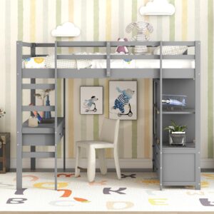 Full Size Loft Bed with Desk and Storage Drawers, Wood Loft Beds Frame with Bookcase and Shelves for Dorm Bedroom, High Loft Bed for Kids Adults Boys Girls Teens, Gray