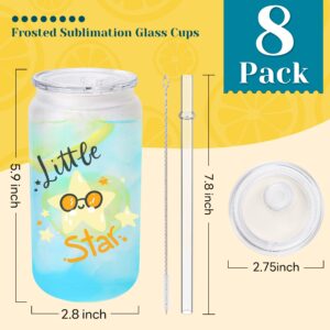 Joyclub 8 Pack Sublimation Cups 16 OZ Frosted Glass Cans Blanks with Clear Lids Mason Jars for Iced Coffee Beer Juice and Soda Drinks