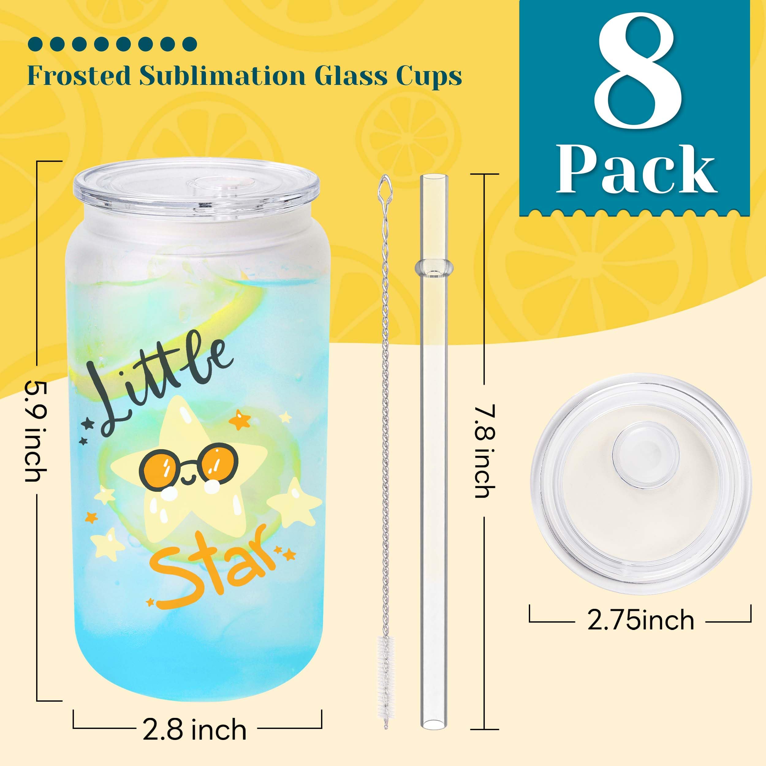 Joyclub 8 Pack Sublimation Cups 16 OZ Frosted Glass Cans Blanks with Clear Lids Mason Jars for Iced Coffee Beer Juice and Soda Drinks