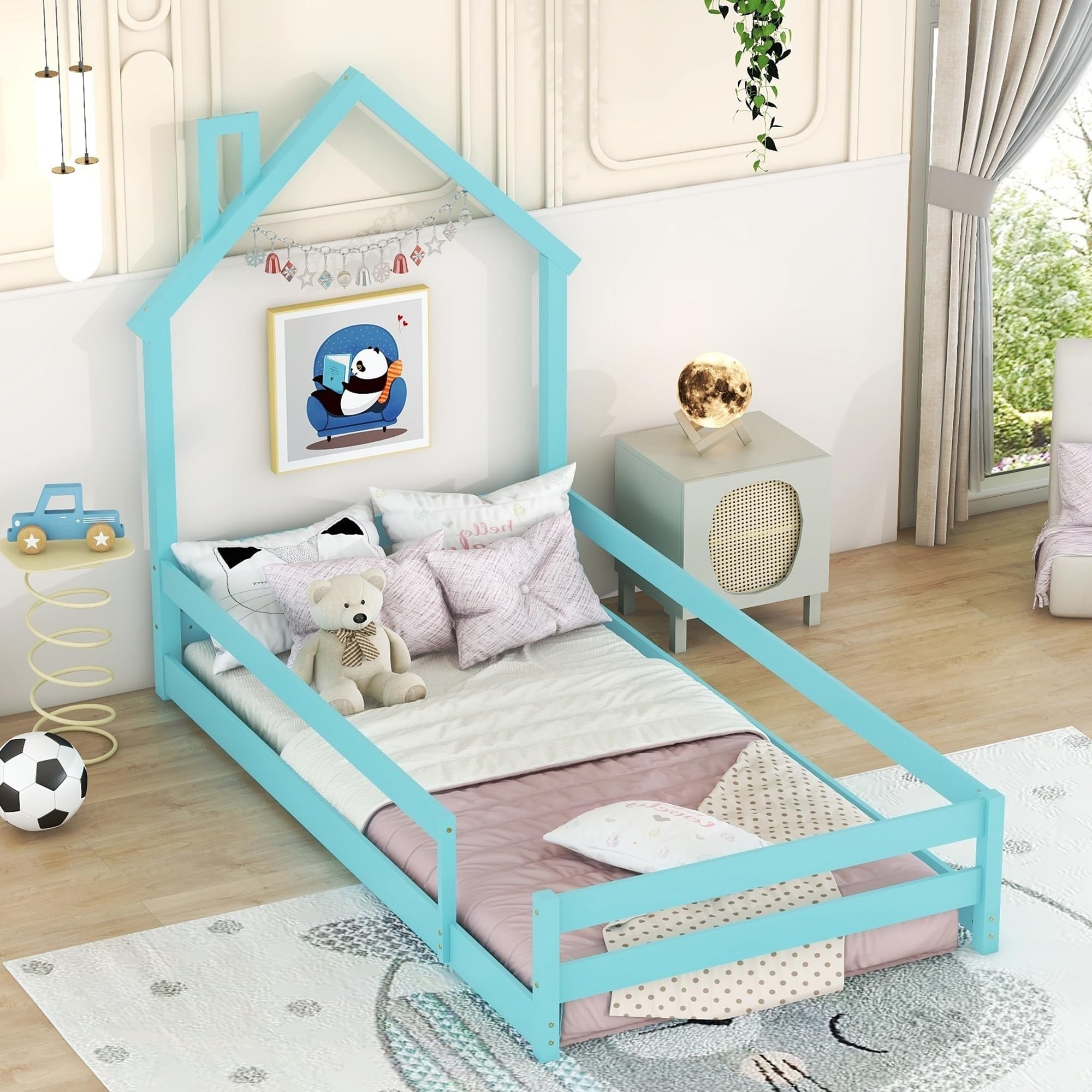 Floor Bed with Rails, Twin Size Montessori Bed with House Shape Headboard and Fence, Wood Floor Bed Frame for Kids Boys Girls, Box Spring Needed, Blue