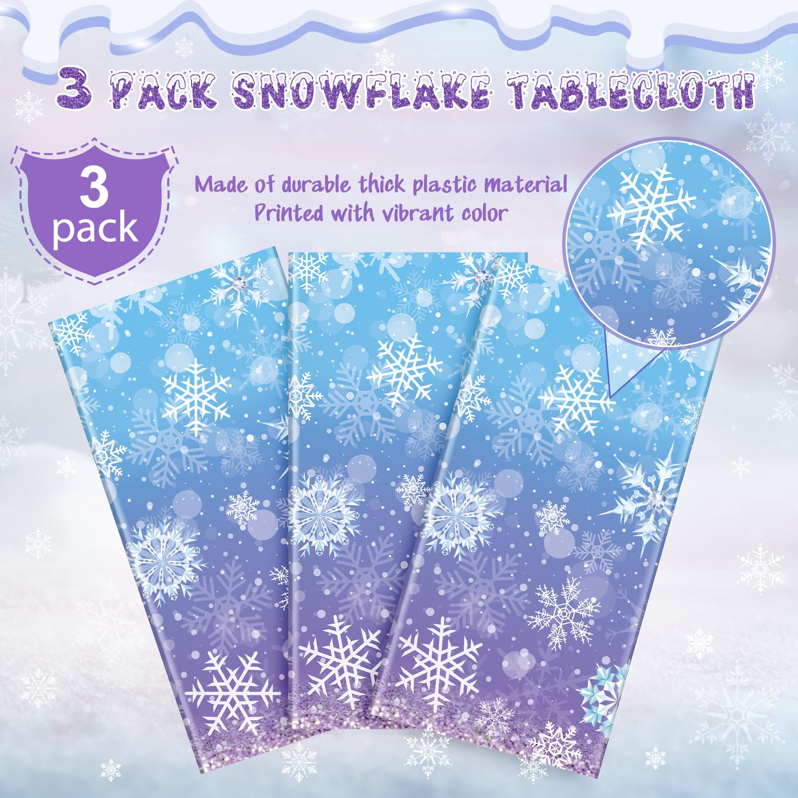 3 Pack Winter Snowflake Plastic Tablecloth Decorations, Blue and Purple Snowflake Winter Wonderland Disposable Table Cover for Christmas Winter Holiday New Year Party Supplies Decorations, 54x108 Inch