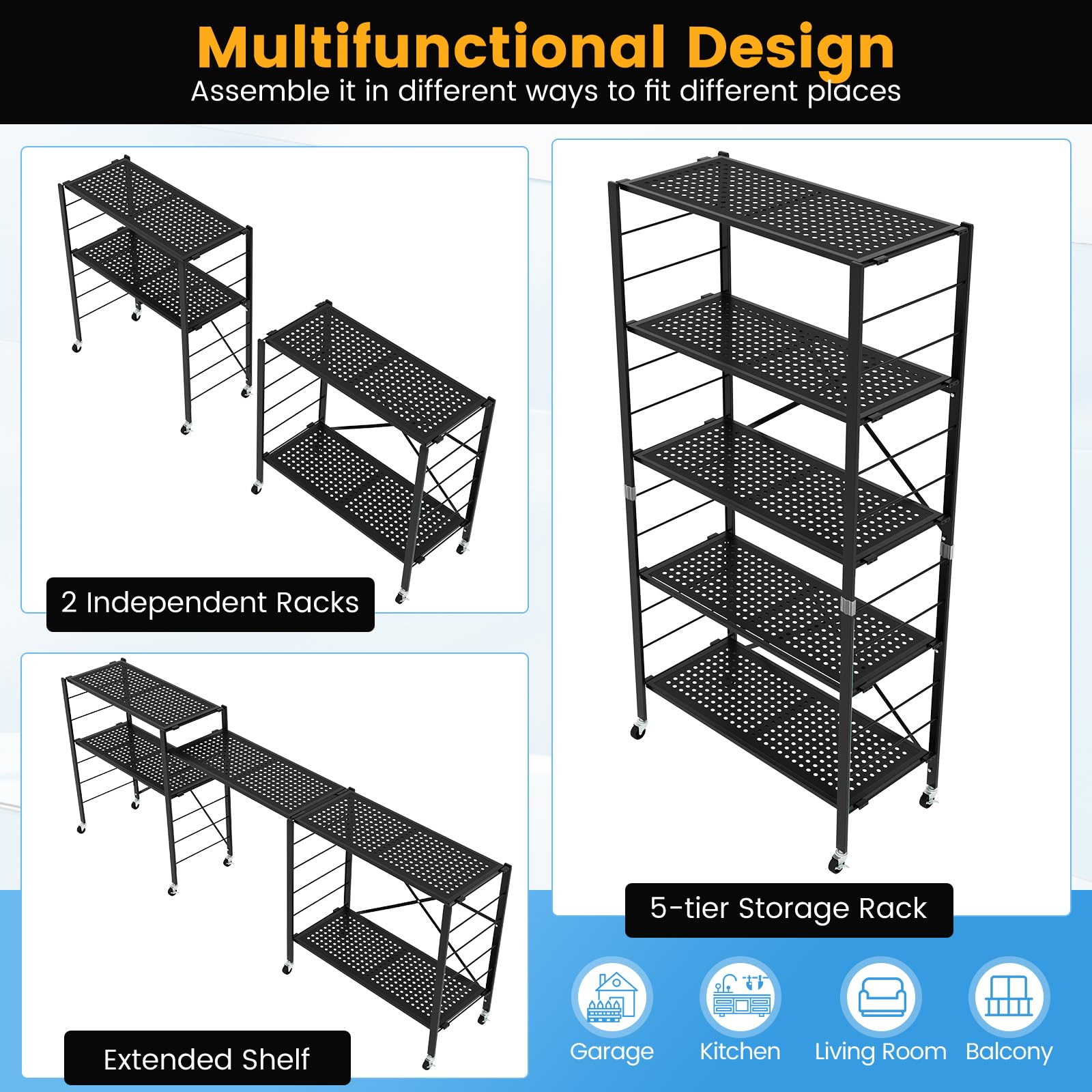 LOKO 5-Tier Folding Storage Shelves with Wheels, 60” Tall Adjustable Metal Shelving Unit, Collapsible Organizer Rack, Freestanding Open Display Shelving Rack for Garage, Kitchen, Easy Assembly (1)