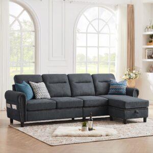 jarenie 107" convertible sectional sofa, 4-seat l shaped couch with storage chaise lounge and side pocket, modern linen fabric sectional couches for living room, dark grey