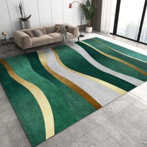 nordic luxury emerald green gold gray line living room rug, modern minimalism stripes bedroom rug, non slip foldable machine washable non-slip throw rugs for dining room bedroom floor 6.6ftx5.3ft