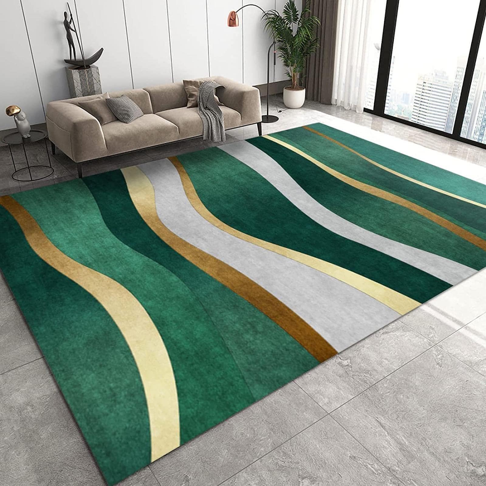 Nordic Luxury Emerald Green Gold Gray Line Living Room Rug, Modern Minimalism Stripes Bedroom Rug, Non Slip Foldable Machine Washable Non-Slip Throw Rugs for Dining Room Bedroom Floor 6.6ftx5.3ft