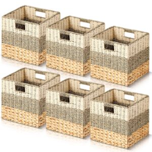 6 pack natural wicker storage cubes baskets 12 x 12 wicker basket laundry organizer for cube shelf, foldable square baskets with built in handles for shelves decor inserts