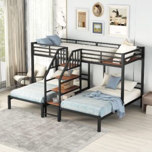 bellemave metal triple bunk bed for 3,twin over twin&twin size bunk beds with storage shelves staircase,sturdy dorm bed frame for kids/teens/adults,black