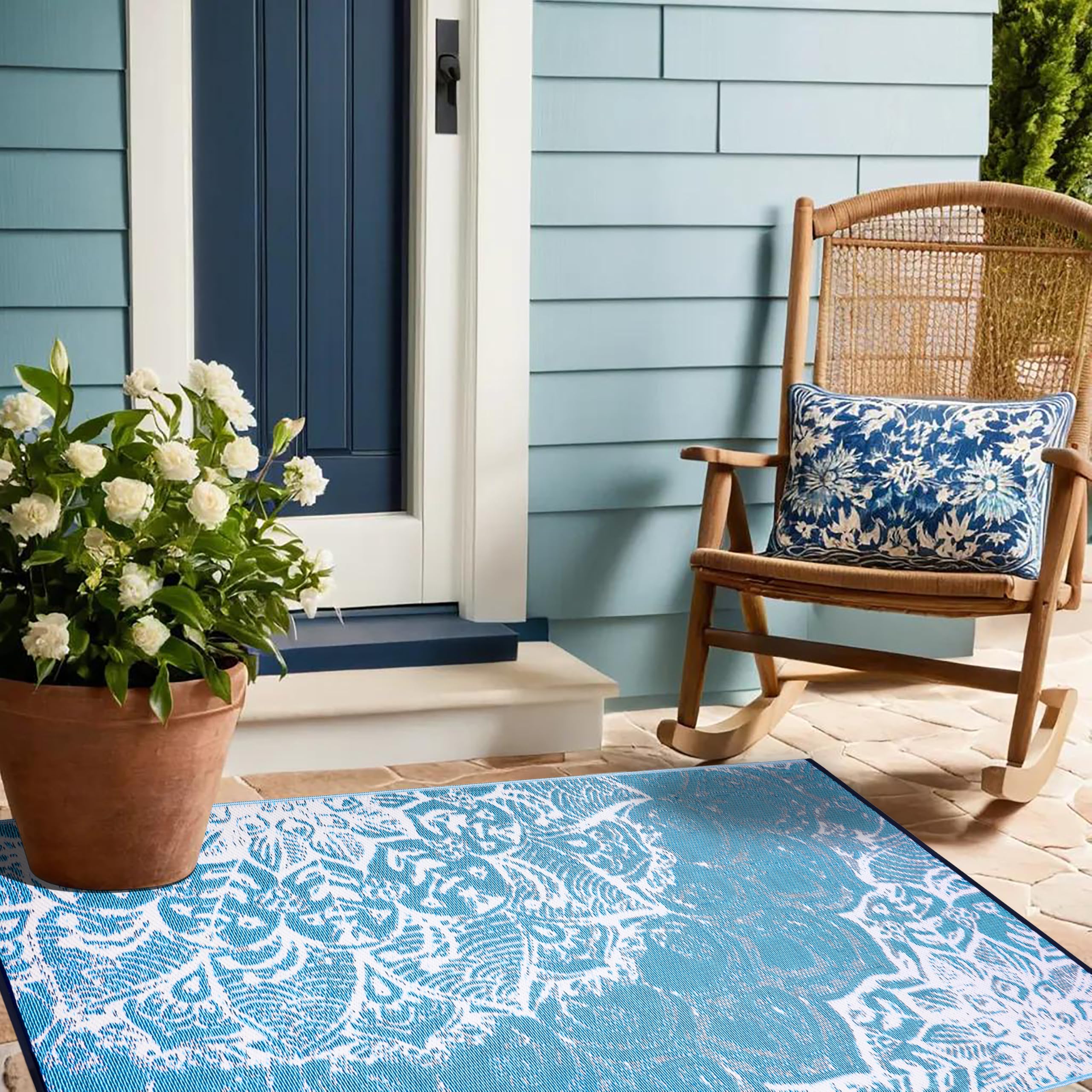 Lush Ambience Outdoor Rug - Waterproof, Reversible, Crease Free, Stain Resistant, Fade Resistant - Premium Recycled Plastic Small Rugs for Patio, Porch, Deck, Laundry Room - Deniz Teal 3X5 ft