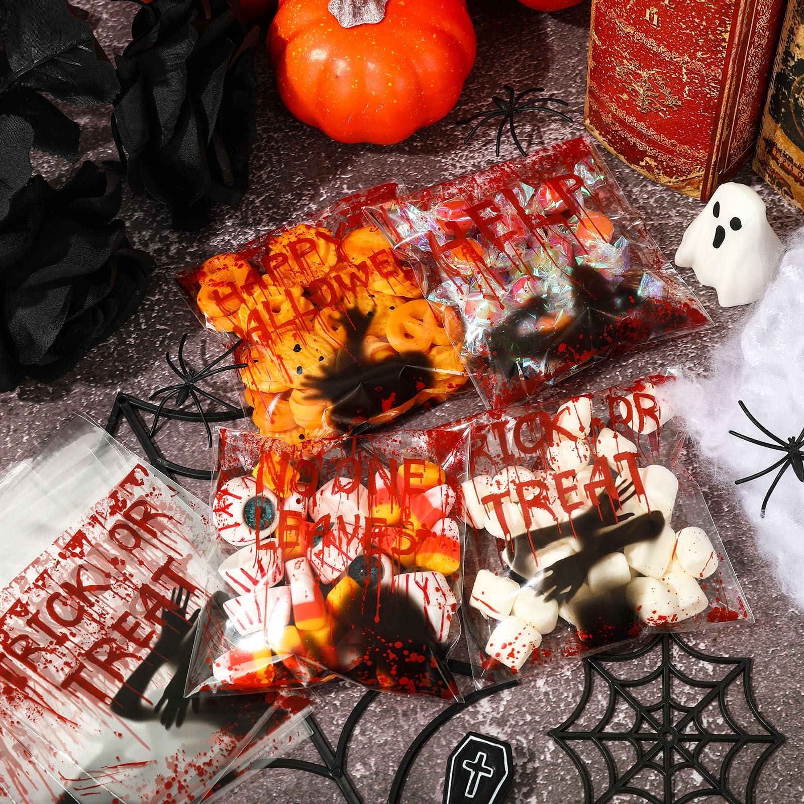 Whaline 320Pcs Halloween Self Adhesive Clear Cookie Treat Bags Bloody Ghost Plastic Gift Bags Scary Candy Goodies Bags for Halloween Trick or Treat Party Gift Wrapping Supplies