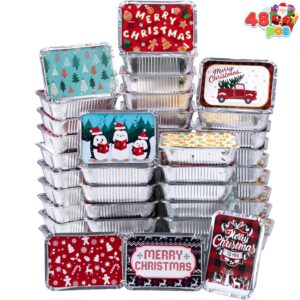 joyin 48 pieces christmas foil containers with lids, 8 holiday designs, 7"x5"x2" rectangular treat foil containers, disposable food storage pan for holiday leftovers goodie container