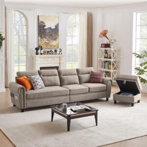 jarenie 107" convertible sectional sofa, 4-seat l shaped couch with storage chaise lounge and side pocket, modern linen fabric sectional couches for living room（light grey）