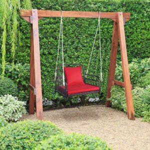 HAPPYGRILL Hanging Porch Swing, Single Person Outdoor Hanging Seat w/Back Cushion & Seat Cushion, Ropes, Porch PE Wicker Swing, Perfect for Garden, Deck, 400 lbs Capacity