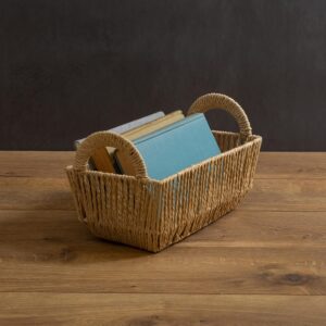 Simplify Small Shelf Storage Basket | Dimensions: 11.4"x 6.5"x4.5" | 2 Carry Handles | Vertical Weave Design | Paper Rope Material | Great for Living Spaces | Great For Storage and Display