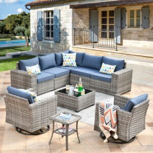 xizzi patio furniture sets outdoor sectional sofa with swivel rocking chairs,9 pcs all weather pe wicker outside conversation couch with coffee and side table for backyard deck garden,denim blue