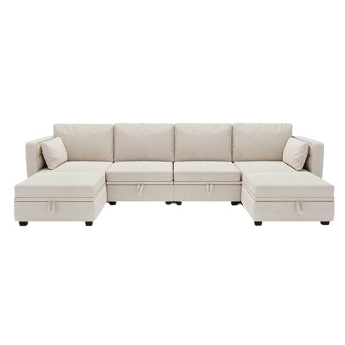 Olela Modular Sectional Sofa, Convertible U Shaped Couch with Storage Ottoman Linen Fabric 6 Seat Sleeper Sofa with Reversible Chaise for Living Room (Beige)