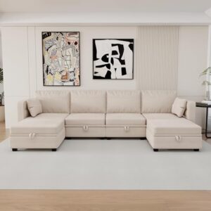 olela modular sectional sofa, convertible u shaped couch with storage ottoman linen fabric 6 seat sleeper sofa with reversible chaise for living room (beige)