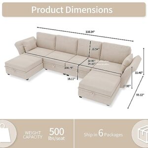 Olela Modular Sectional Sofa, Convertible U Shaped Couch with Storage Ottoman Linen Fabric 6 Seat Sleeper Sofa with Reversible Chaise for Living Room (Beige)