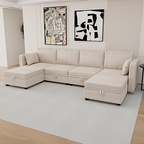 Olela Modular Sectional Sofa, Convertible U Shaped Couch with Storage Ottoman Linen Fabric 6 Seat Sleeper Sofa with Reversible Chaise for Living Room (Beige)