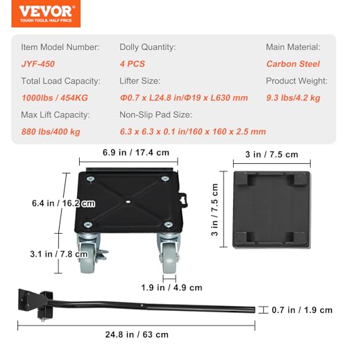 VEVOR Heavy Furniture Movers, Carbon Steel Furniture Dolly, 360° Rotatable PP Silent Wheels with Brakes, Furniture Lift Mover Tool for Easy Moving Furniture Appliance Refrigerator, 1320 lbs Capacity