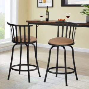 furniturer classic barstools set of 2, country style bar chairs with back and footrest swivel counter height bar stools for kitchen island pub, bistro, restaurant, rustic brown and black (24 inch)