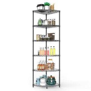 6 tier nsf corner wire shelf shelving unit, 18 x 18 x 72 inch 420lbs capacity heavy duty adjustable metal storage rack with leveling feet & shelf liners for office kitchen bathroom and more - black