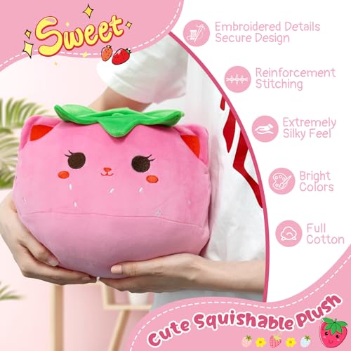 KOPHINYE Cat Plush Pillow, 12 Inch Strawberry Cat Plush Cute Cat Stuffed Animal, Pink Cat Plush Toy Soft Hugging Piilow for Kids, Girls and Boys, Birthday, Christmas, Home Decoration