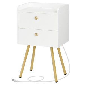 hoobro nightstand with charging station, modern side table with 2 drawers, stylish sofa side table, multiple charging ports, metal legs, sofa bedside table, for bedroom, white and gold dw89ubz01g1