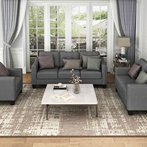 FANYE 3 Pieces Living Room Furniture Sets Include, Loveseat and Armchair, Linen Fabric Upholstered Sectional Classical Rivets Decor and Tufted Back Cushions, Retro Gray Sofa & Couch