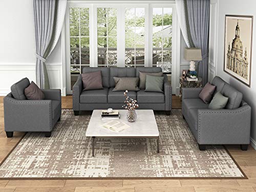 FANYE 3 Pieces Living Room Furniture Sets Include, Loveseat and Armchair, Linen Fabric Upholstered Sectional Classical Rivets Decor and Tufted Back Cushions, Retro Gray Sofa & Couch