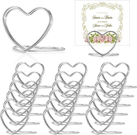 TAODAN 20PCS Silver Table Number Holders Heart Shape Place Card Holder Playing Card Holders Table Picture Stands Mini Photo Holder for Wedding Birthday Bridal Baby Shower Party