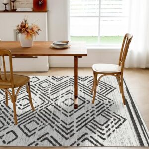 Syalife Boho Area Rug, Non Shedding 8x10 Washable Rug with Non Slip Backing, White and Black Modern Geometric Carpet, Indoor Bohemian Rug for Living Room Entryway Bedroom Kitchen - White, Black