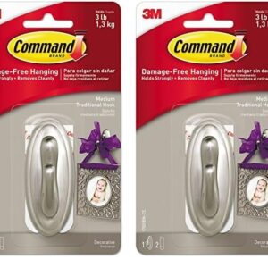 Command Medium Traditional Plastic Hook, Brushed Nickel, 1-Hook, 2-Strips, Decorate Damage-Free (Pack of 2)