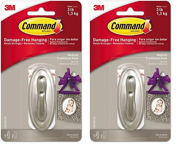 Command Medium Traditional Plastic Hook, Brushed Nickel, 1-Hook, 2-Strips, Decorate Damage-Free (Pack of 2)