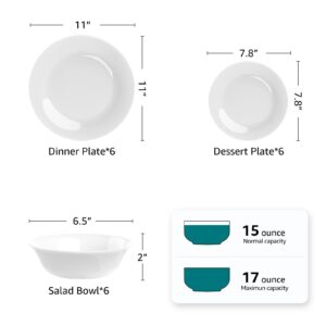 Dinnerware Set, HomeElves 18-PCS Kitchen Opal Dishes Set Service for 6, Lightweight Glass Plates and Bowls Set, Safety for Microwave & Dishwasher, Break and Chip Resistant