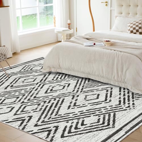 Syalife Boho Area Rug, Non Shedding 8x10 Washable Rug with Non Slip Backing, White and Black Modern Geometric Carpet, Indoor Bohemian Rug for Living Room Entryway Bedroom Kitchen - White, Black