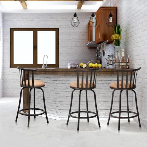 FurnitureR Classic Barstools Set of 2, Country Style Bar Chairs with Back and Footrest Swivel Counter Height Bar Stools for Kitchen Island Pub, Bistro, Restaurant, Rustic Brown and Black (24 Inch)