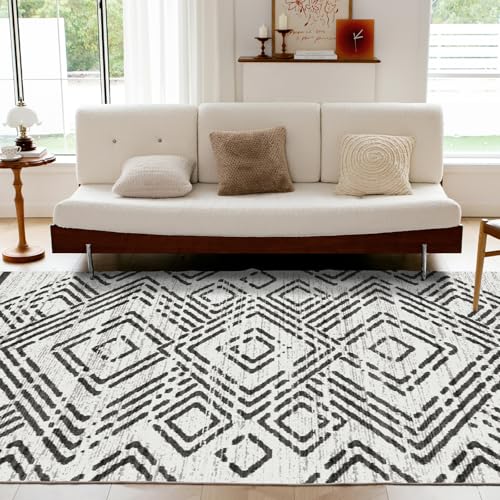 Syalife Boho Area Rug, Non Shedding 8x10 Washable Rug with Non Slip Backing, White and Black Modern Geometric Carpet, Indoor Bohemian Rug for Living Room Entryway Bedroom Kitchen - White, Black