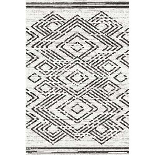 Syalife Boho Area Rug, Non Shedding 8x10 Washable Rug with Non Slip Backing, White and Black Modern Geometric Carpet, Indoor Bohemian Rug for Living Room Entryway Bedroom Kitchen - White, Black