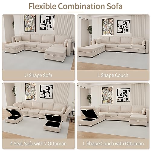 Olela Modular Sectional Sofa, Convertible U Shaped Couch with Storage Ottoman Linen Fabric 6 Seat Sleeper Sofa with Reversible Chaise for Living Room (Beige)