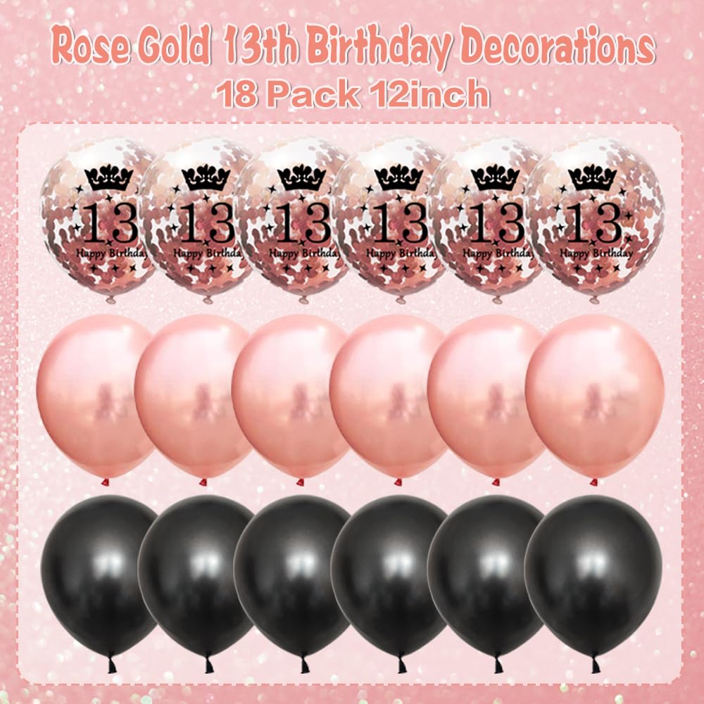 13th Birthday Decorations for Girls, Rose Gold 13th Happy Birthday Banner with Balloons Cake Topper ,Official Teenager Birthday Decorations, 13 Year Old Girl Birthday Backdrop Yard Sign Party Supplies