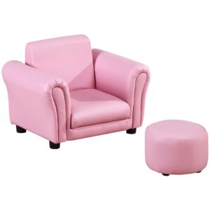 qaba kids sofa set with footstool, upholstered armchair for kids 18m+, baby sofa for playroom, children's bedroom, nursery room, pink