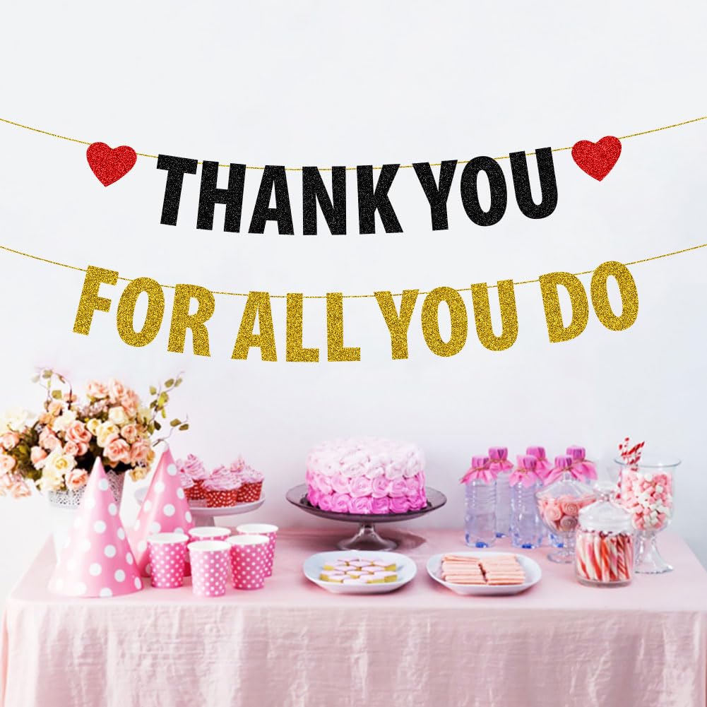 Thank You for All You Do Banner Black & Gold Glitter Staff/Employee/Teacher/Doctor/Nurse/Pastor Appreciation Bunting Banner Party Decorations