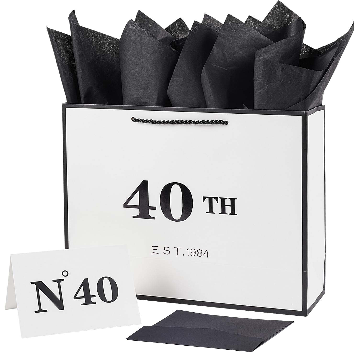 Jaywayang 40th Birthday White and Black Large Gift Bag with Card and Tissue Paper, Metallic Printing Keepsake Gift Vintage Bag for Men Women,