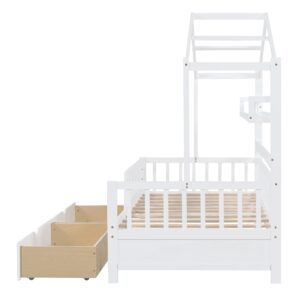 Harper & Bright Designs Twin House Bed with 2 Storage Drawers, Kids Twin Platform Bed Frame with Storage Shelves, Fence and Roof, Tent Bed, Wood Playhouse Bed Twin for Kids Teens Girls & Boys (White)