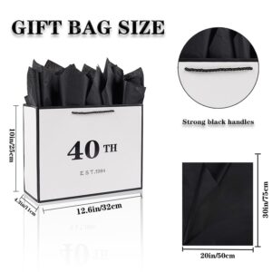 Jaywayang 40th Birthday White and Black Large Gift Bag with Card and Tissue Paper, Metallic Printing Keepsake Gift Vintage Bag for Men Women,