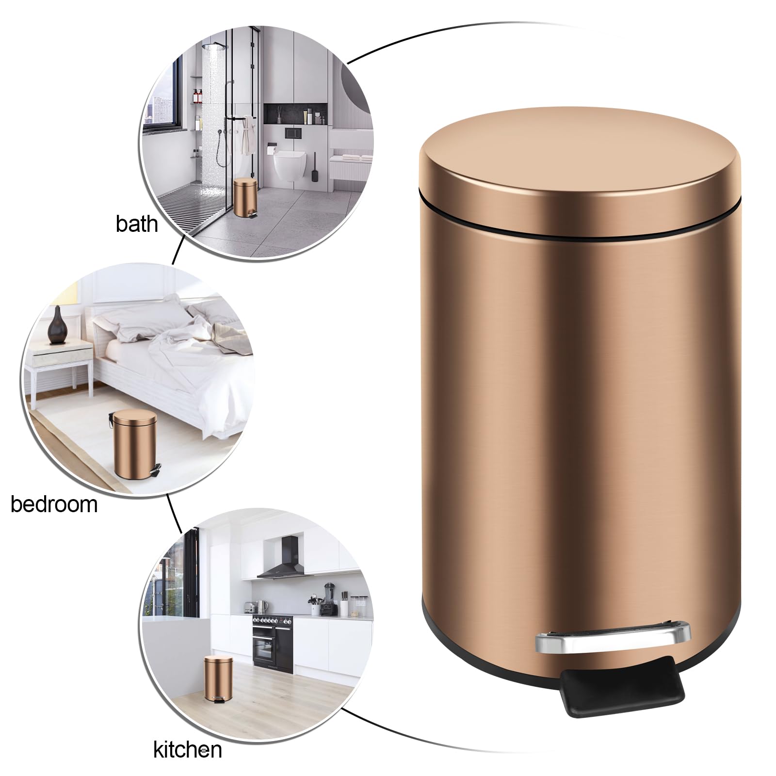 Garbage Bin, Gold Stainless Steel Foot Open Lid Garbage Bin, 8l/2.1 Gallon Detachable Garbage Bin with Lid, Foot Operated, Circular, Suitable for Large Garbage Bins in Toilets, Kitchens, Living Room