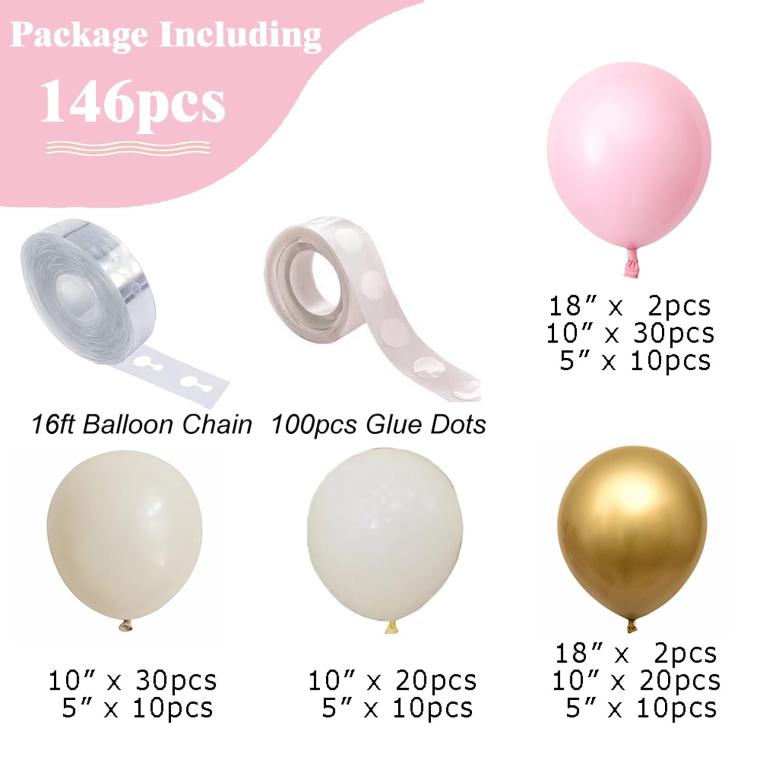 YSF Boho Balloon Garland Arch Kit 146pcs Pink Gold White Sand Ivory Balloons for Bridal Shower Baby Shower Birthday Wedding Baptism Engagement Theme Party Decorations